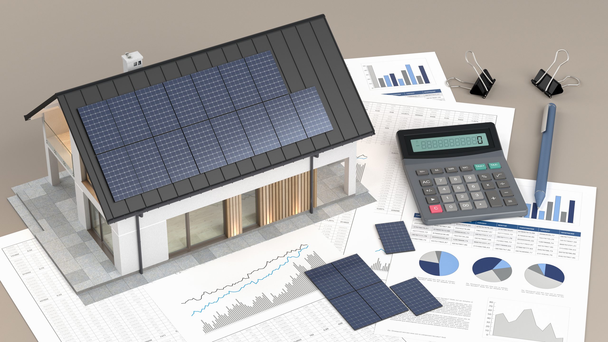 House with photovoltaic solar panel and calculator and documents Solar Energy: A Safe Investment